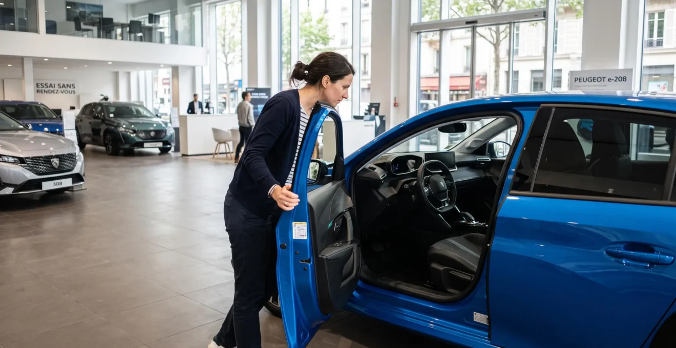 Client inspectant de manière autonome l'intérieur d'un véhicule par la portière ouverte dans un showroom de concession.