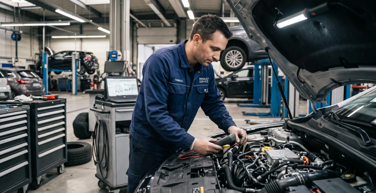 Technicien automobile effectuant une opération de maintenance sous le capot d'un véhicule dans l'atelier d'une concession.